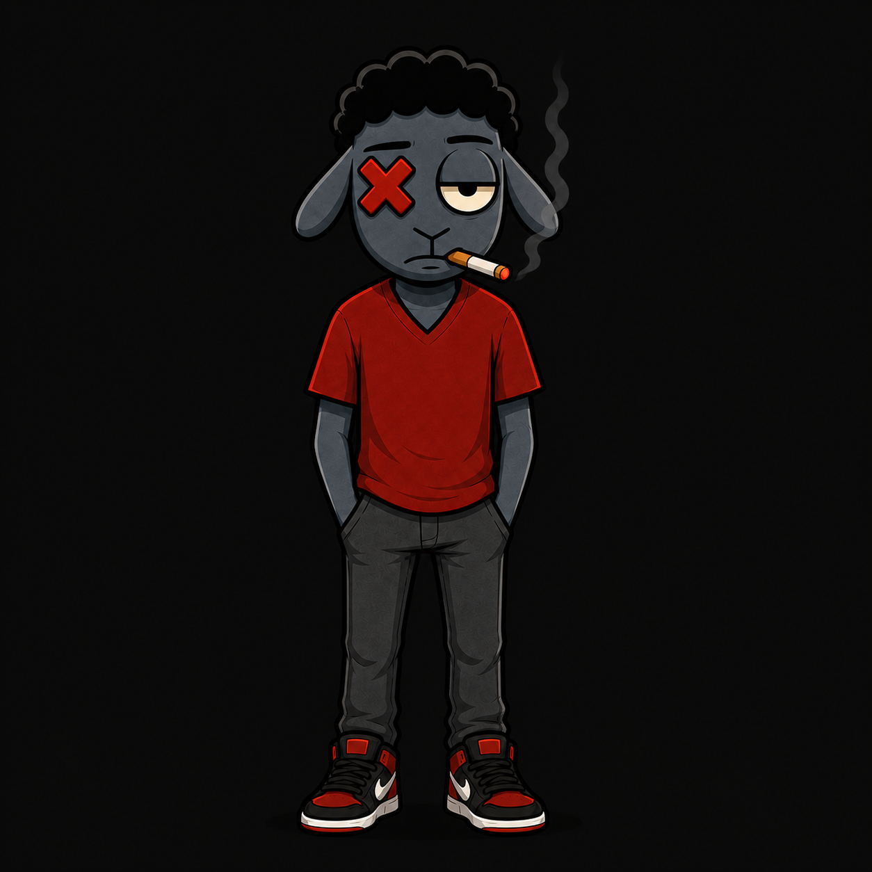 Dimitri, a blue sheep in a red shirt with a red cross over his left eye